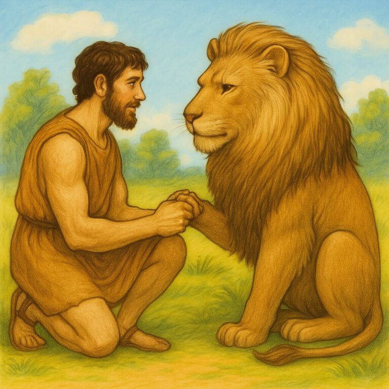 The story of the slave and the lion in a Bright background